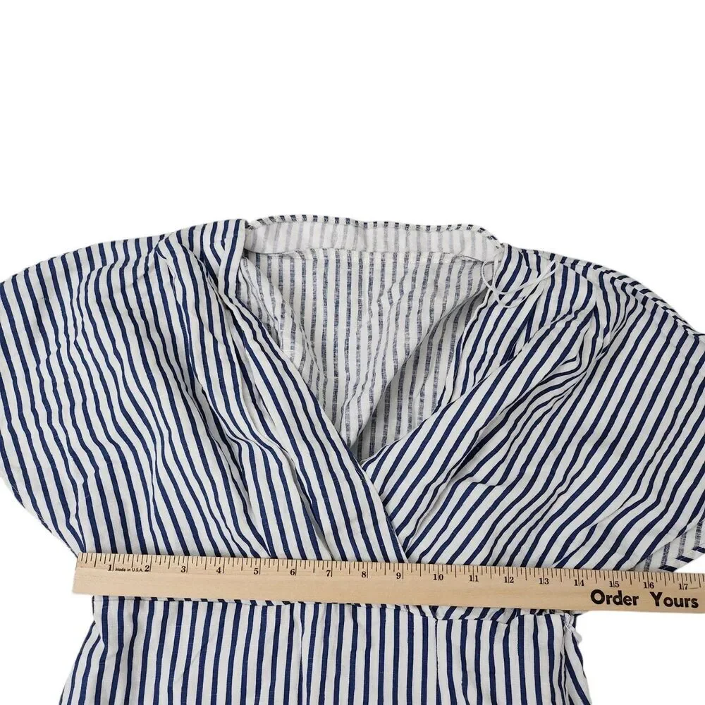 Zara Dress Small Blue White Striped Linen‎ Midi Side Slit Preppy Bloggers Fave